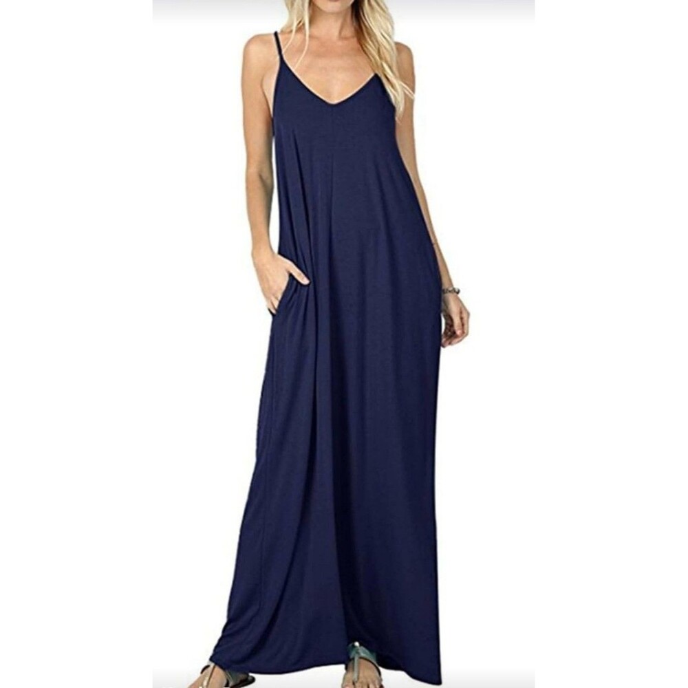 Brand New Navy A-Line Spaghetti Strap Maxi Dress with Pockets!